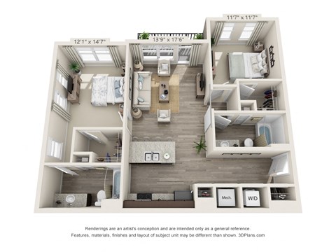Floor plan for 2 beds, 2 baths, 1130 sqft